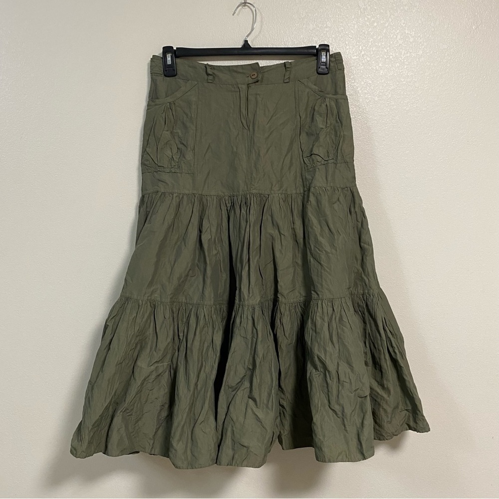Orna Farho Skirt Women’s Size 8 Army Green 2 tiered Ruffle Maxi Skirt Army
